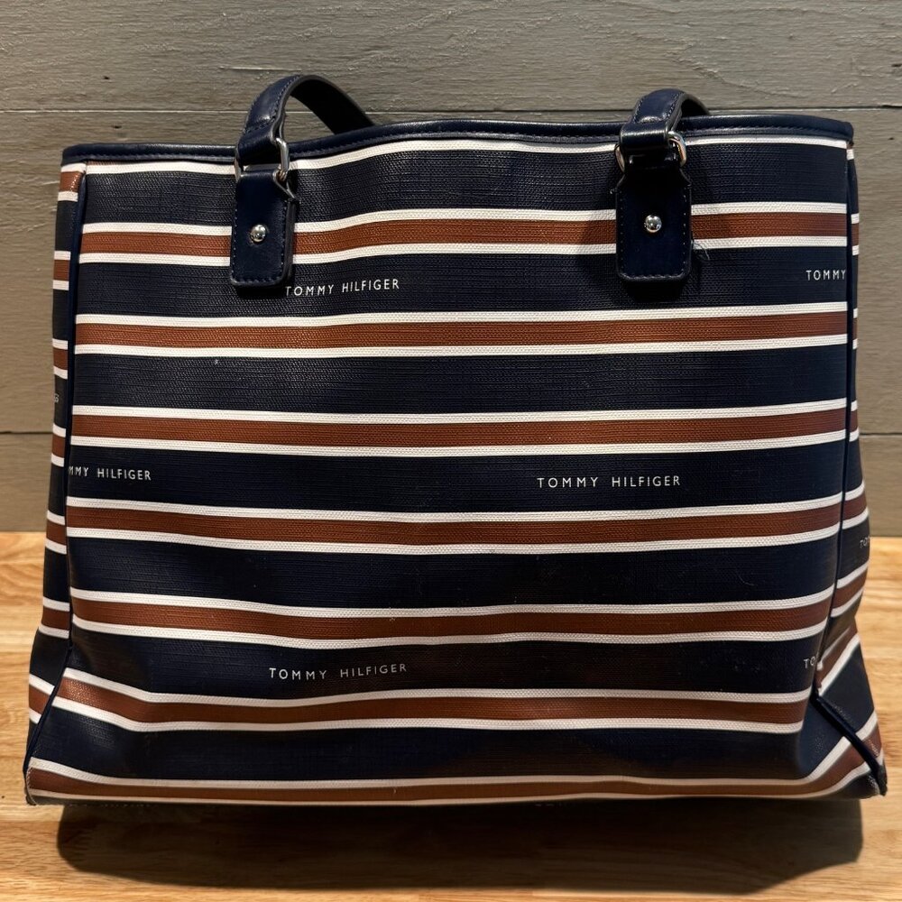 Tommy Hilfiger Blue White Reddish Brown Stripes Tote Shoulder Bag Large Purse - Picture 2 of 10